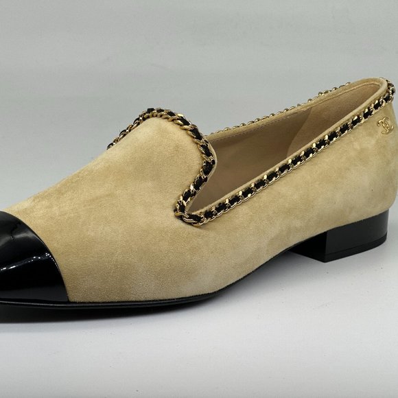 CHANEL 21A Suede Patent Cap Toe Chain Trim CC Loafers Flat Shoes - Picture 4 of 16